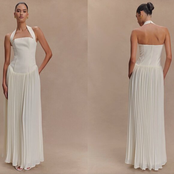 Meshki Stacie Pleated Halter Maxi Dress - Ivory, Size M - Picture 1 of 3